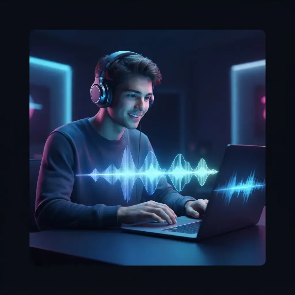Persona común creando música electrónica con visuales de onda de estilo sintetizador azul neón