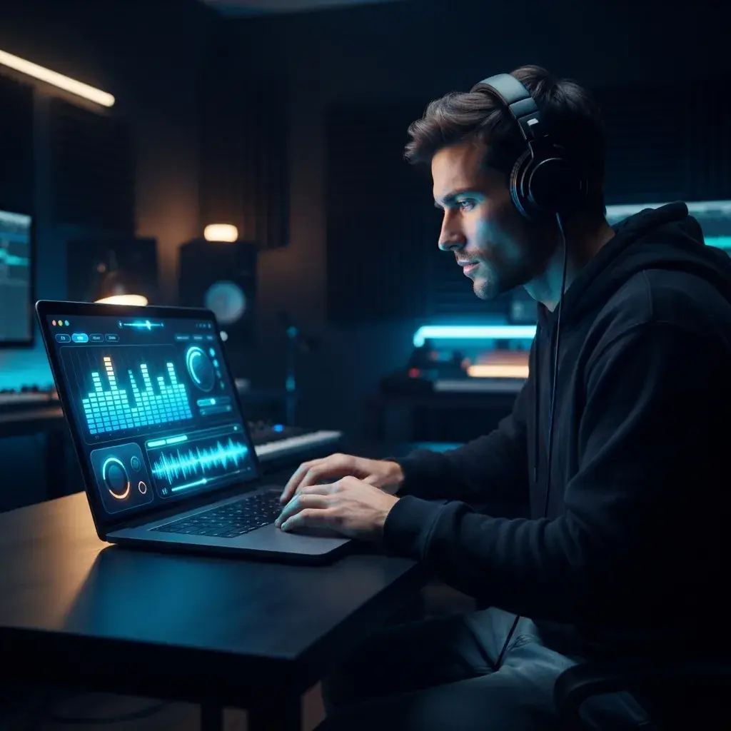 Personne ordinaire créant de la musique électronique avec des visuels de forme d'onde de style synthé bleu néon