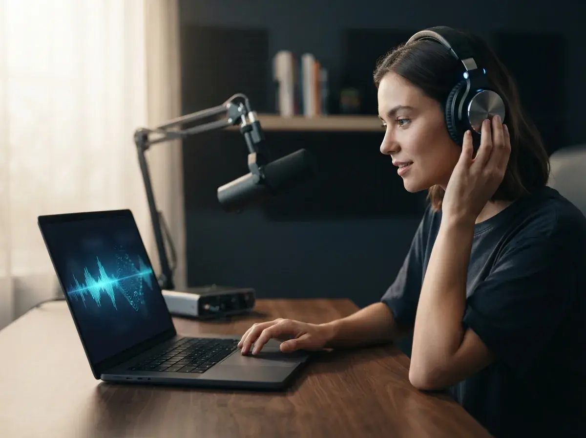 Podcast host editing episode tracks alongside royalty free music files in a home studio