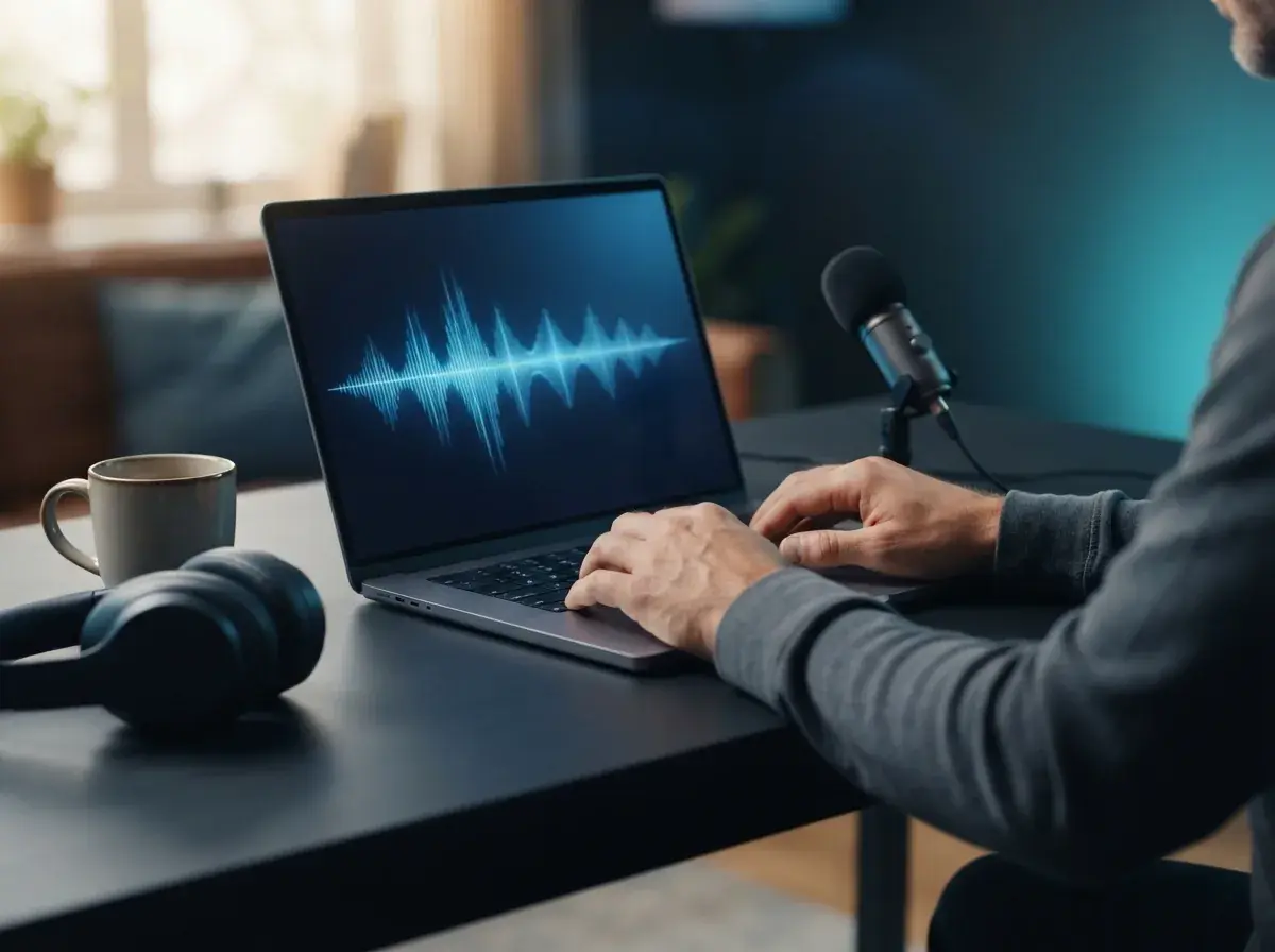 Audio mixing interface displaying custom podcast theme music levels and frequency curves