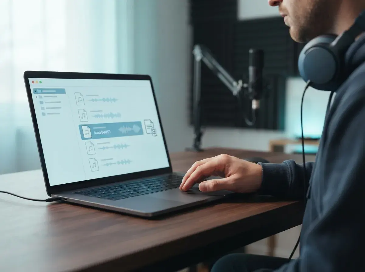 Podcast recording workstation with dynamic microphone and audio editing timeline illustrating copyright compliance