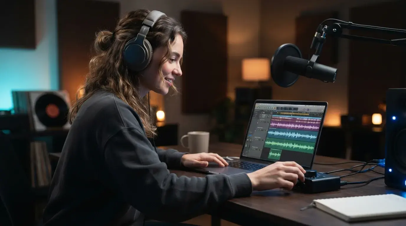 Podcaster editing podcast background music and audio tracks on a laptop in a dark studio