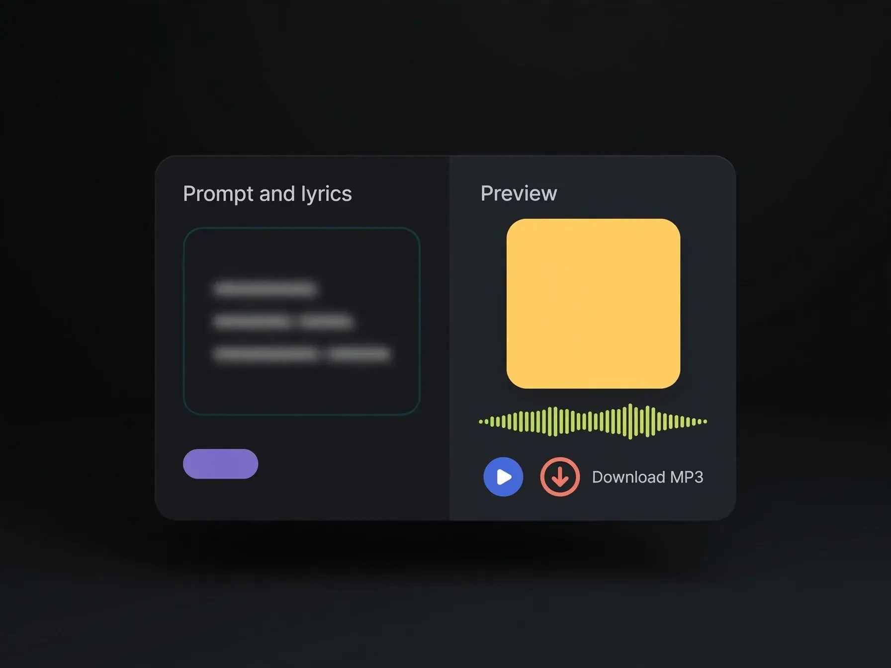 Generic song app with a prompt and lyrics box and a finished track ready to download as MP3