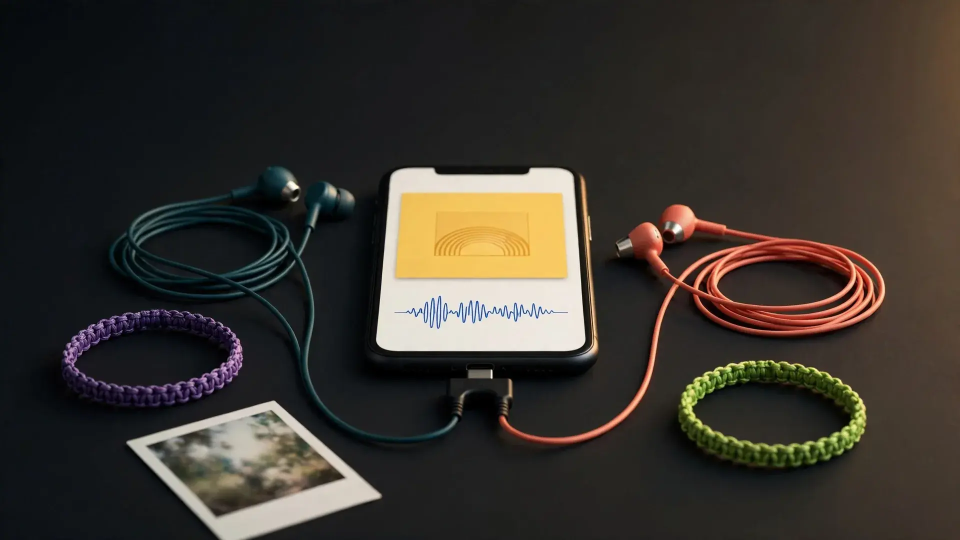 Two pairs of earbuds sharing one phone playing a song, with friendship bracelets and an instant photo