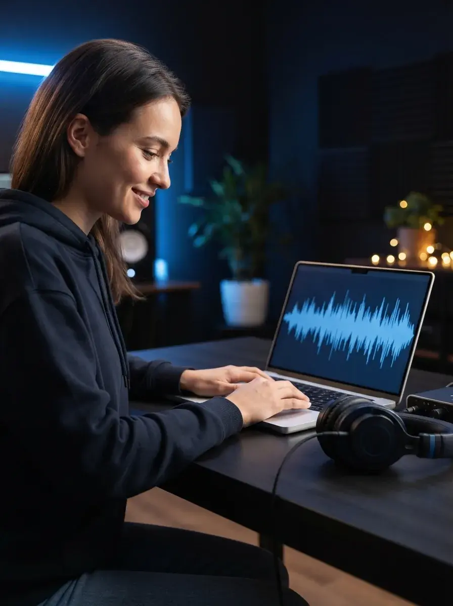 ヘッドホンをした人が、青い波形のUIが付いたノートパソコンでインストゥルメンタル音楽ファイルをエクスポートしている