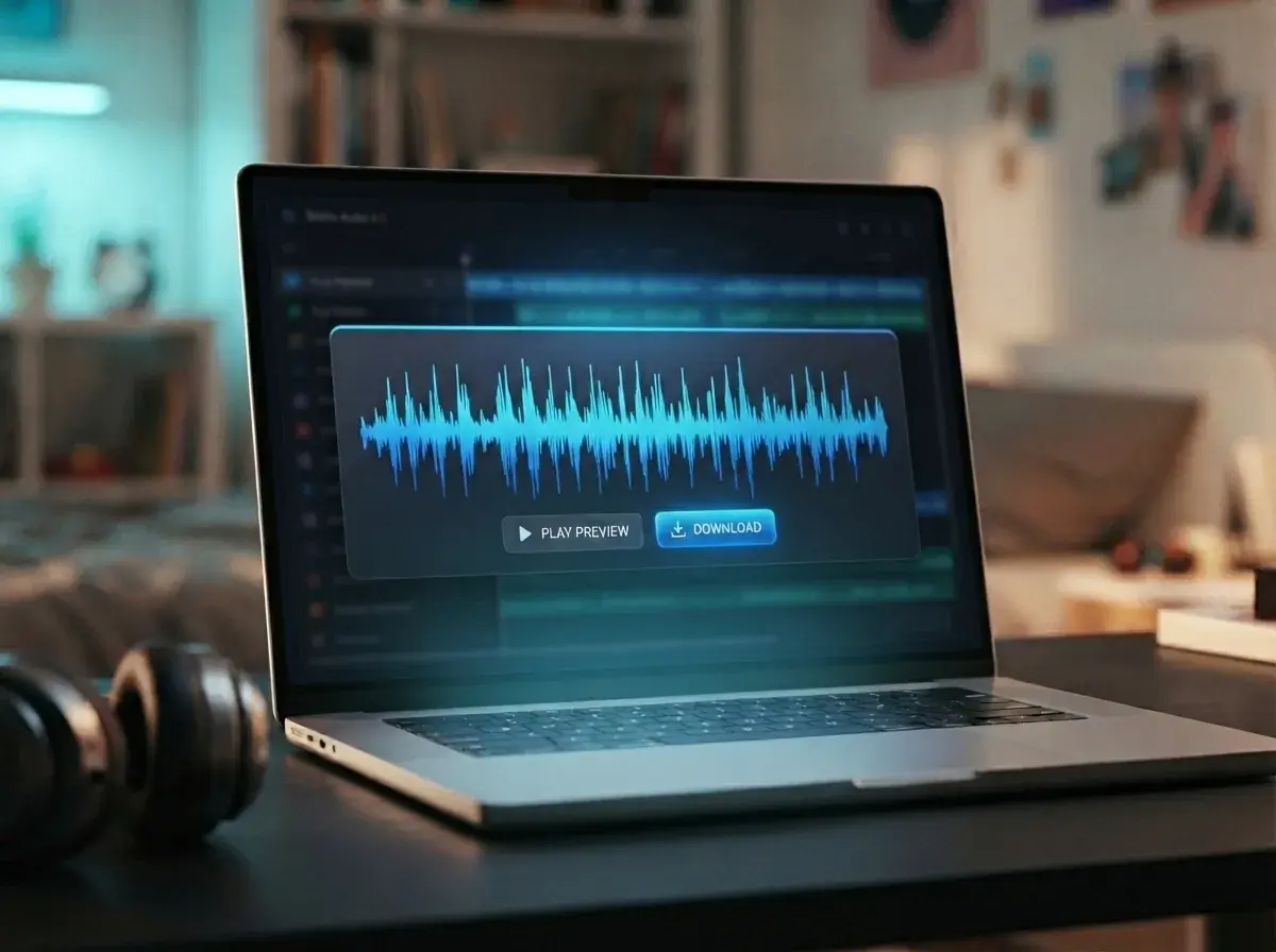 Mayaがノートパソコンで完成したインストゥルメンタル曲をプレビューし、ダウンロードしている様子