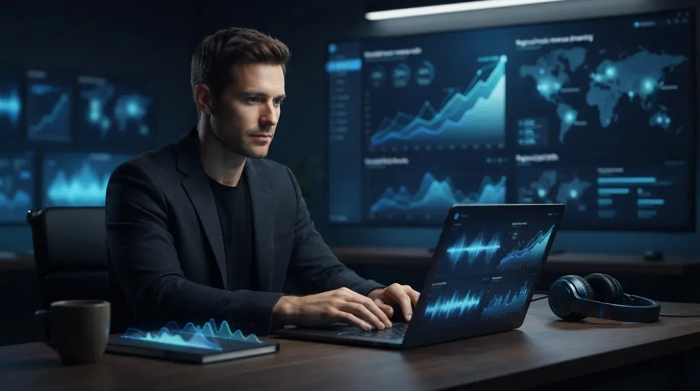 Analyst reviewing music industry charts with blue waveform screens in a dark studio office