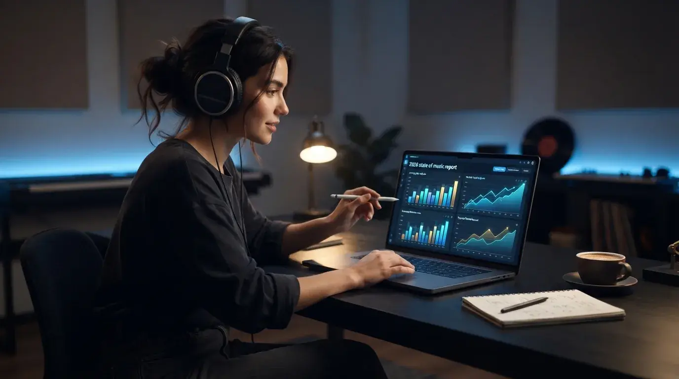 Notebook zobrazující grafy hudebního trhu v tmavé studiové pracovně se sluchátky