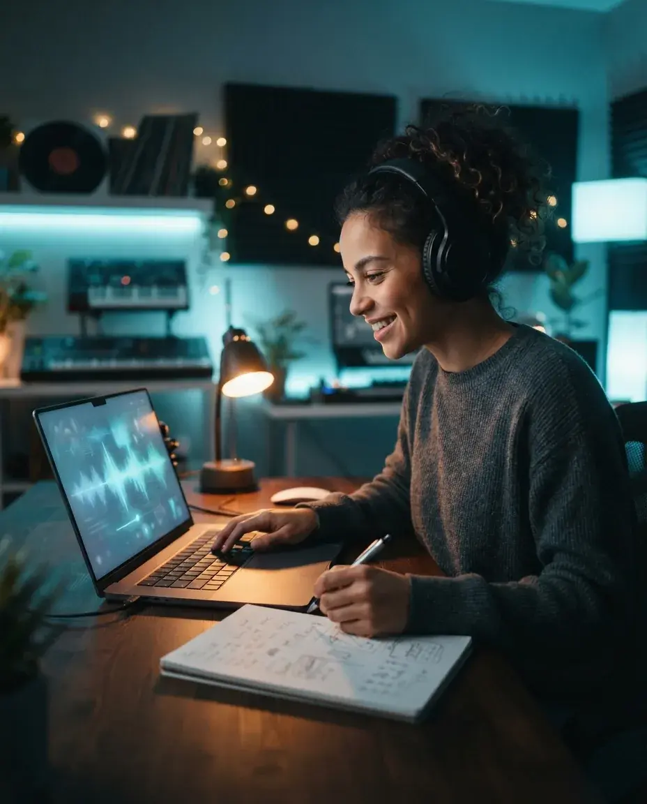 Person making music on a laptop at night