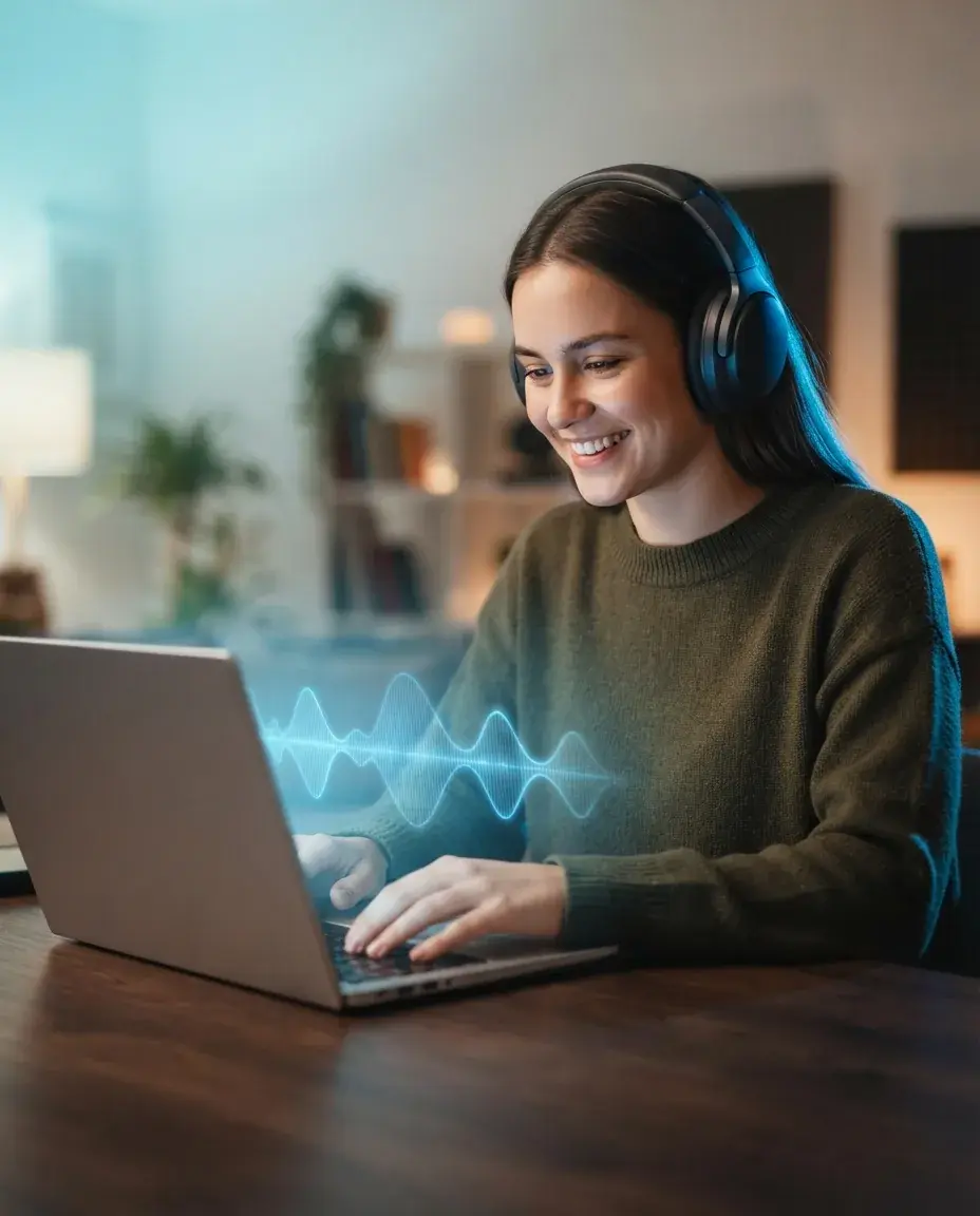 Seseorang membuat musik di laptop, memakai headphone