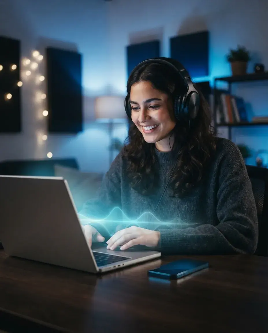 Person smiling after making a song on laptop