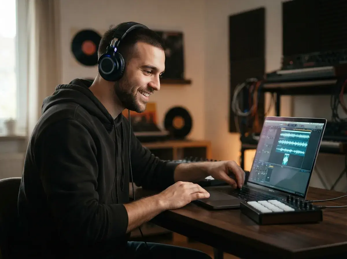 Creator making music on a laptop with an electric blue interface and instant MP3 download options