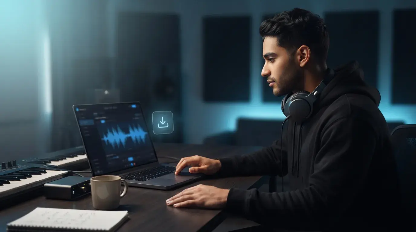 Studio desk setup with headphones and audio workstation software showing export status
