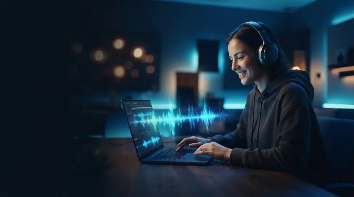 Seseorang membuat musik di laptop dengan gelombang suara biru bercahaya.