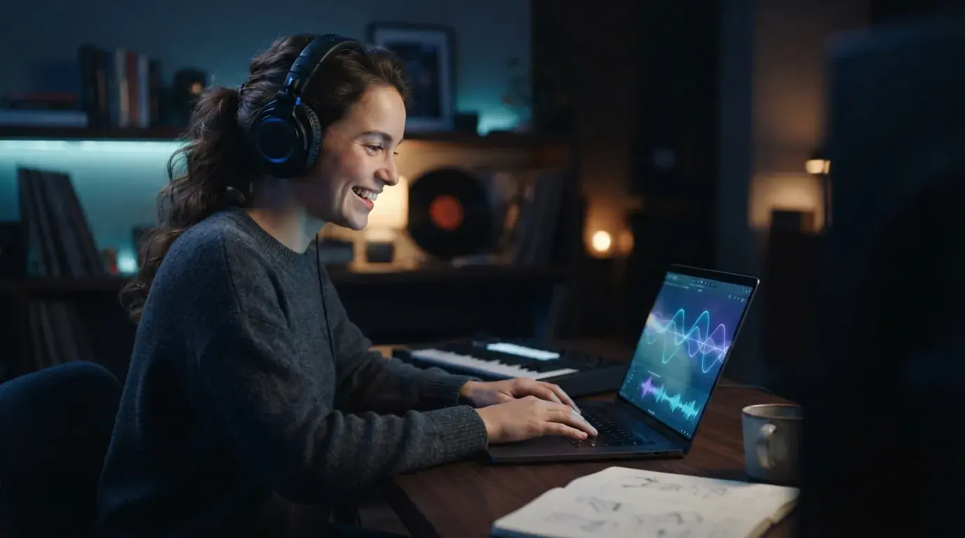 Person making music on a laptop at night
