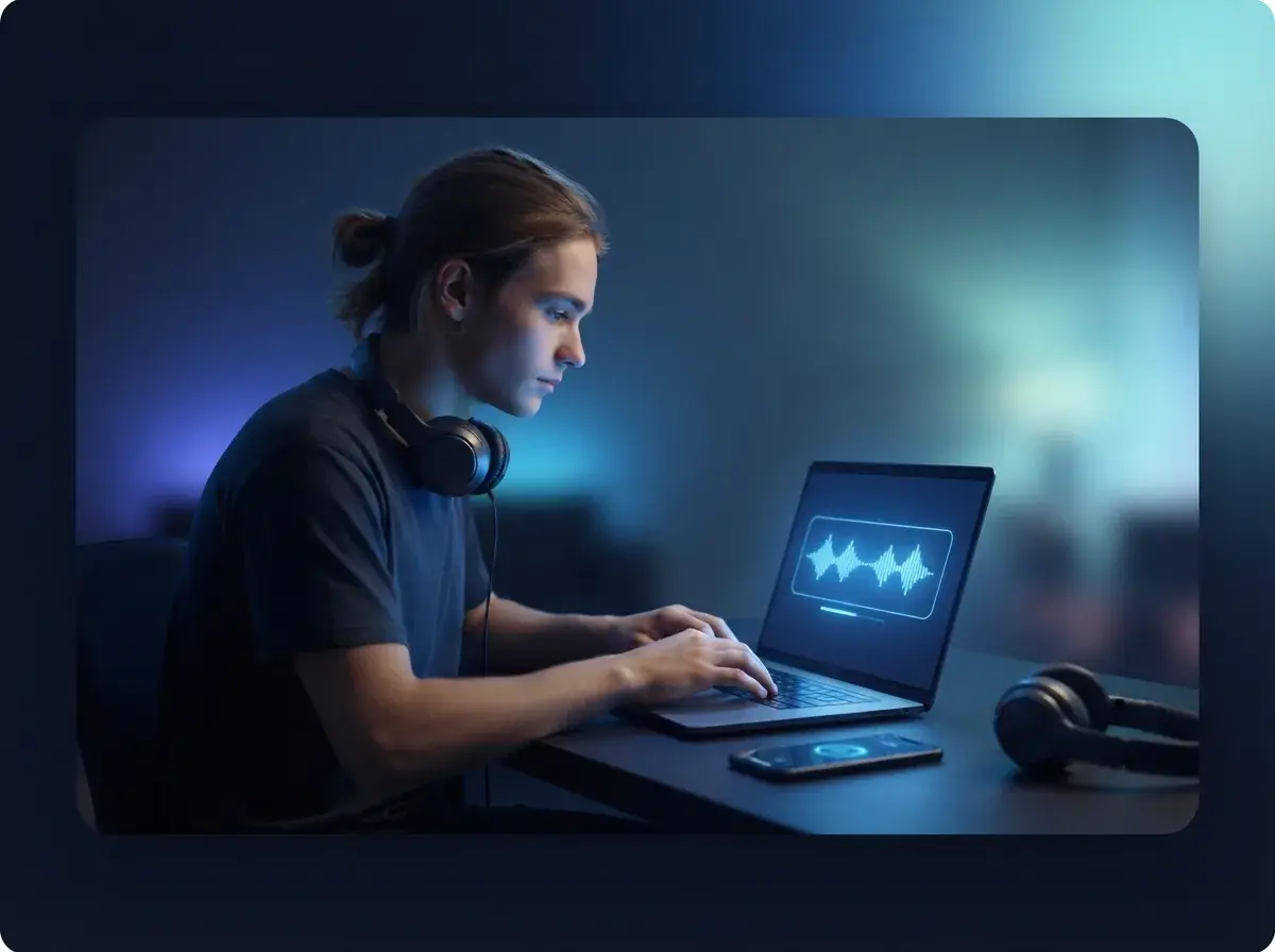 Άτομο που γράφει μια μουσική εντολή σε laptop με λαμπερή διεπαφή κυματομορφής