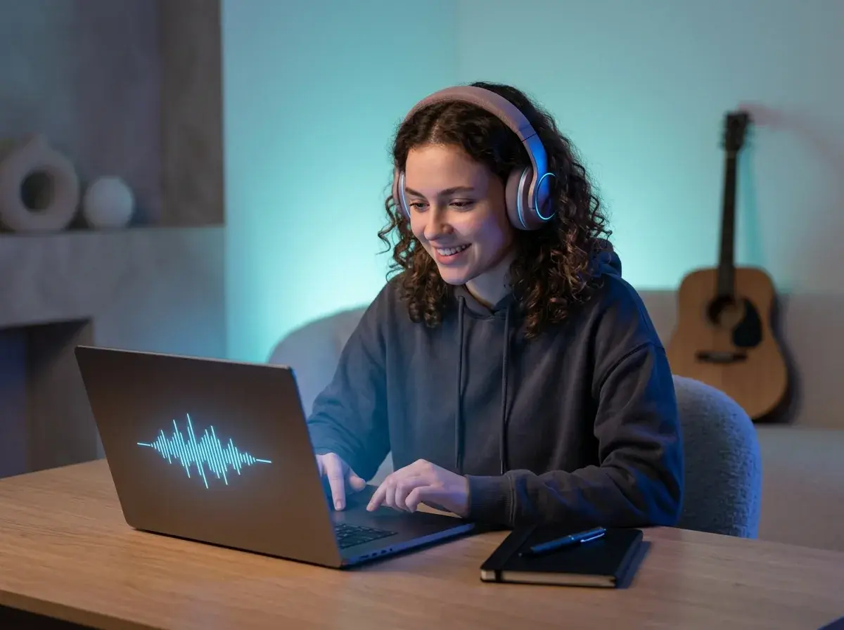 Persona che usa un laptop per creare musica con forme d'onda AI