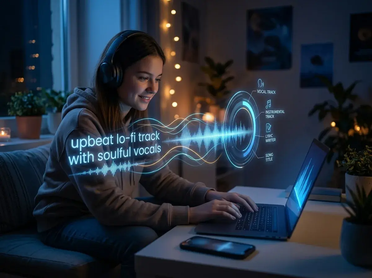 Schermo di smartphone che mostra l'interfaccia di un generatore di musica AI gratuito