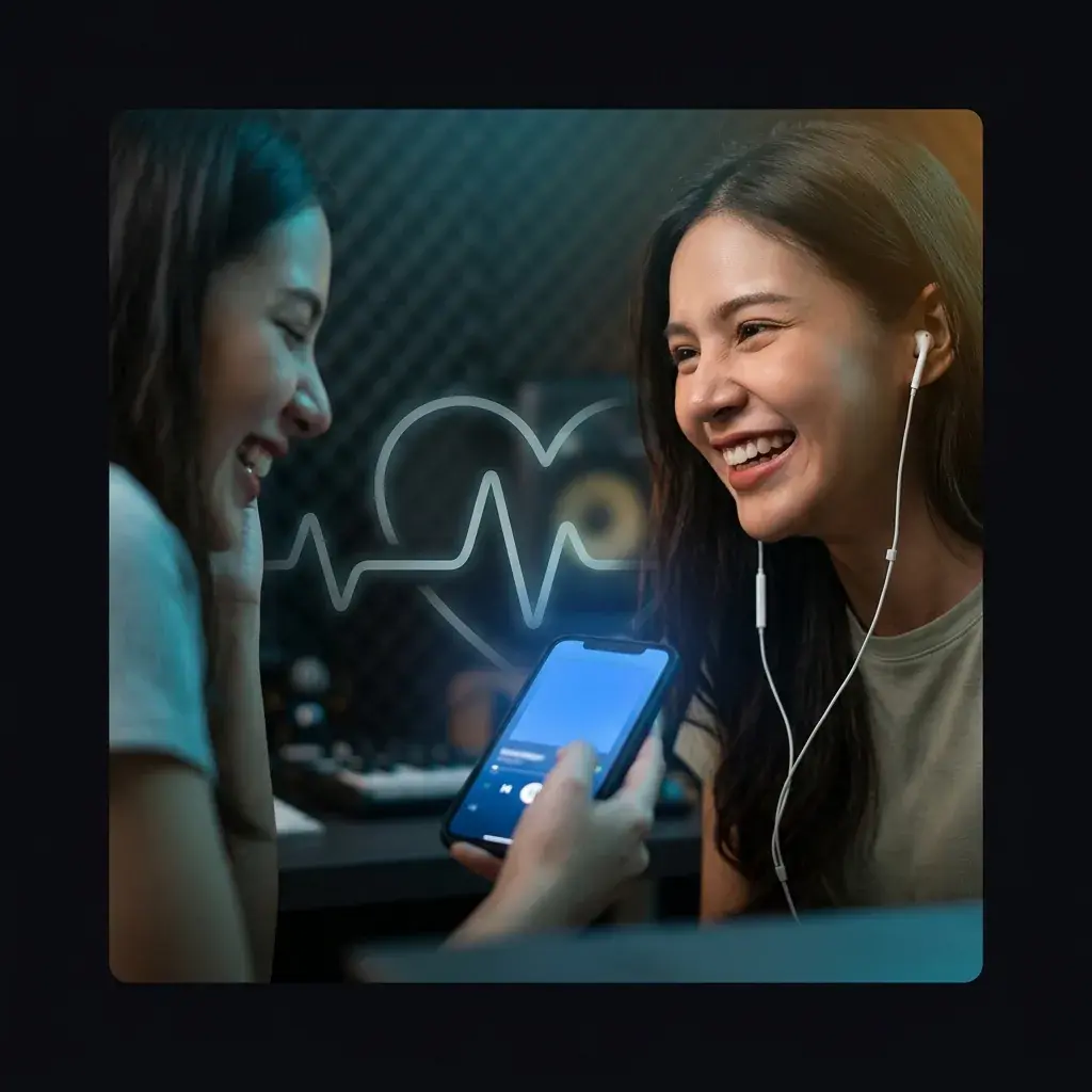 Due amici che ridono ascoltando una canzone AI personalizzata