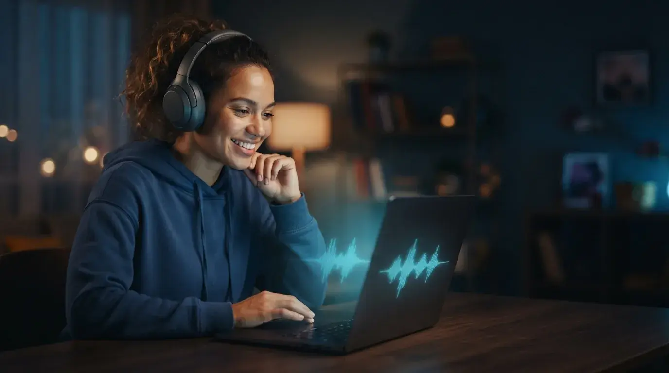Person making music on a laptop with blue studio glow