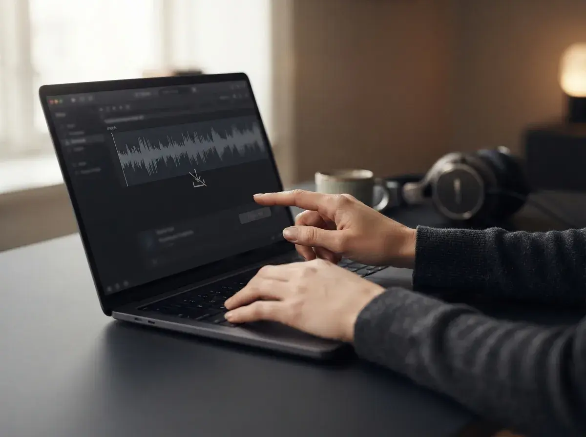 Laptop on a dark desk displaying audio waveforms with headphones resting nearby