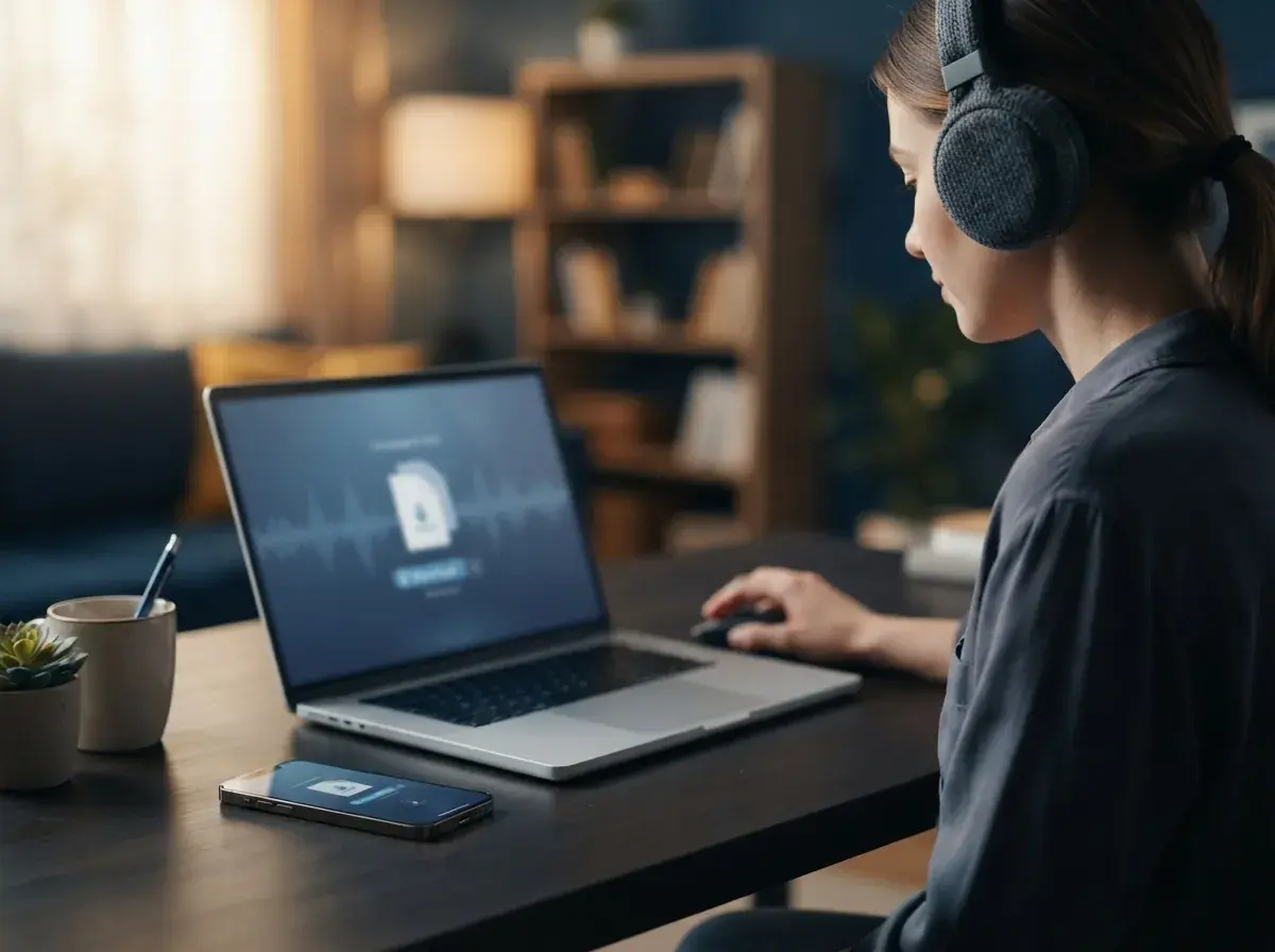Everyday creator using a mobile phone with headphones to play a newly created song