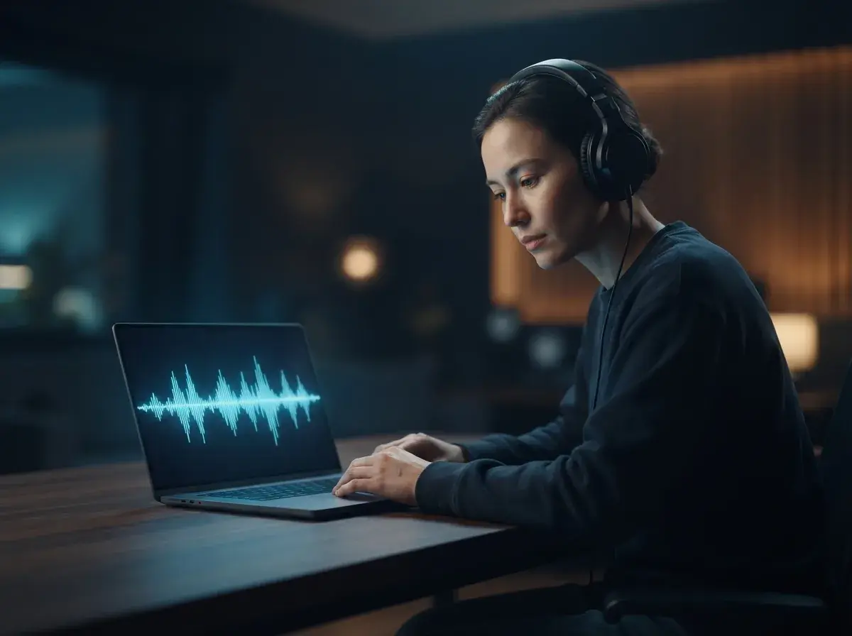 Dark home studio setup featuring glowing blue waveform monitors and music production equipment