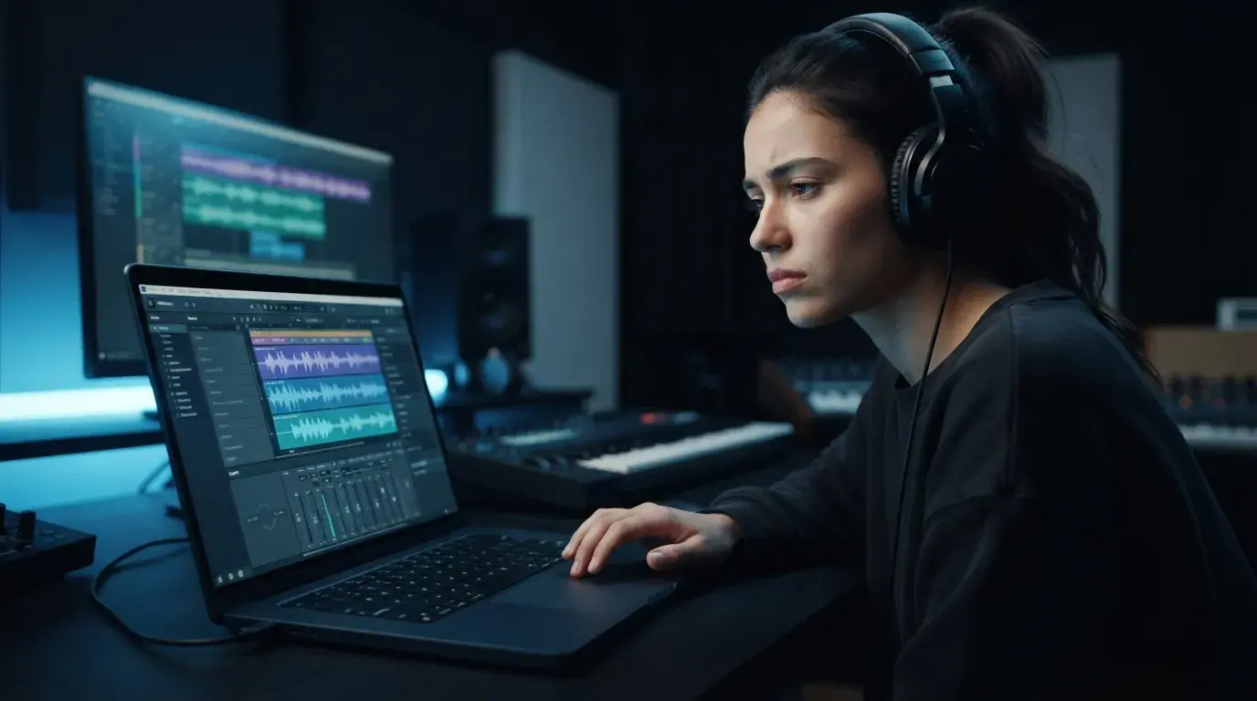 Creator viewing music waveform audio files on a computer screen in a home studio