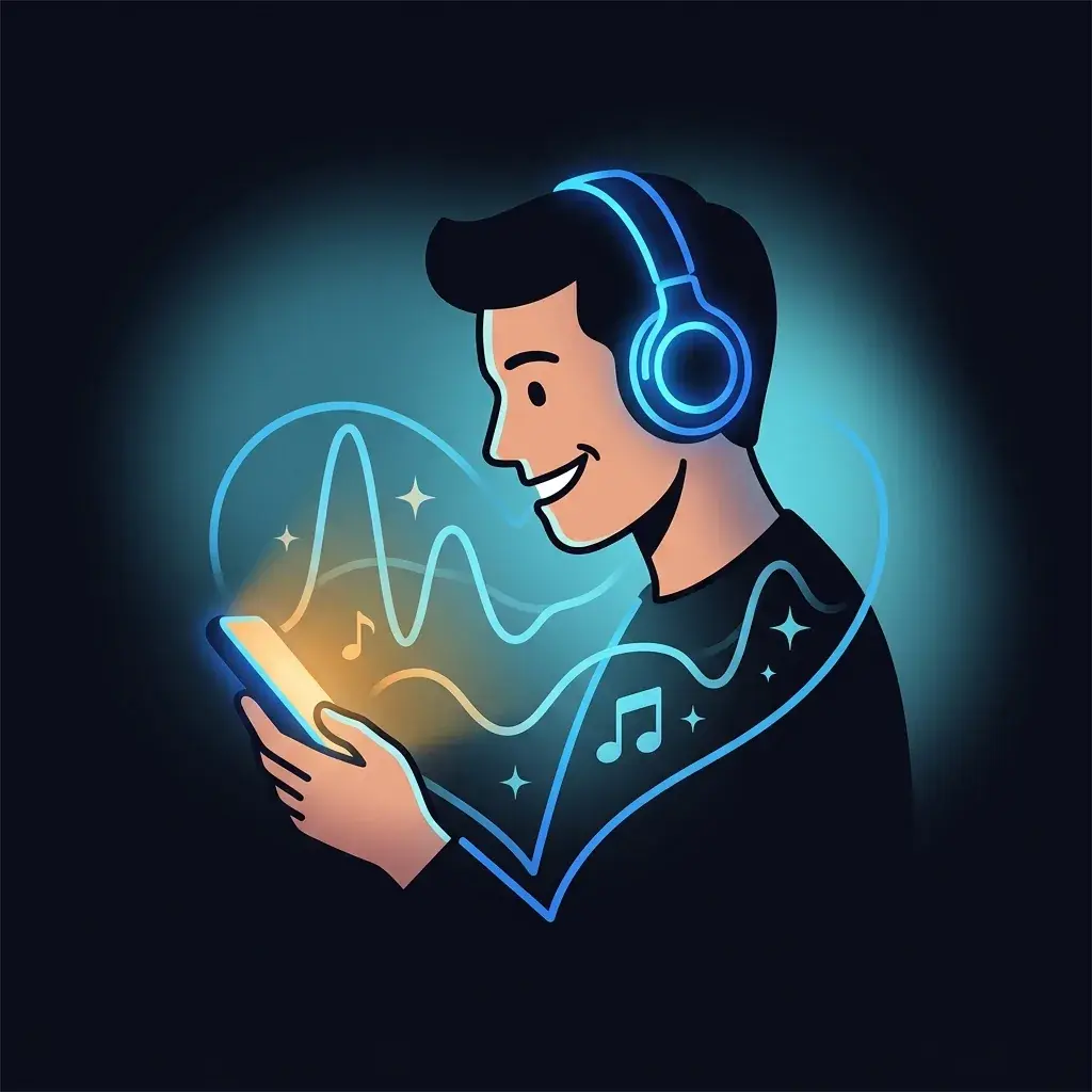 Person smiling at phone while listening to music