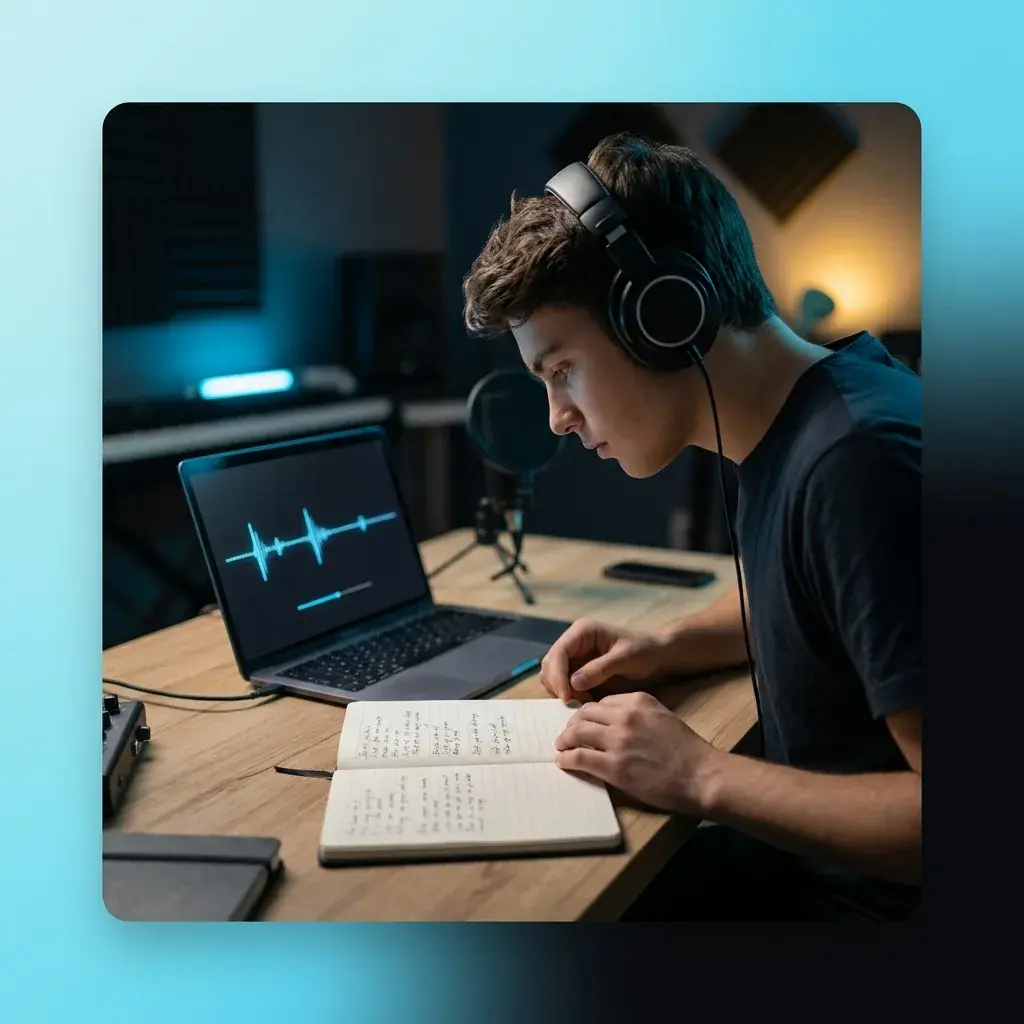 Lyricist testing rap lyrics on a laptop