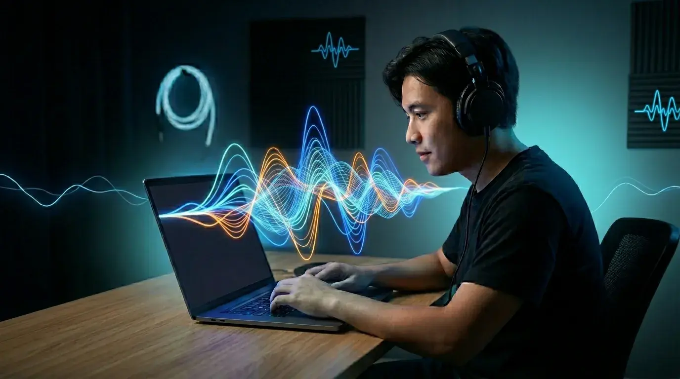 Una persona che genera musica casualmente su un laptop con forme d'onda blu luminose
