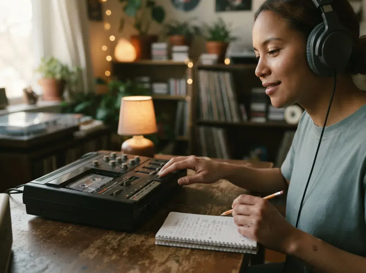 Person with headphones listening to relaxing audio on a laptop with soft blue glowing display