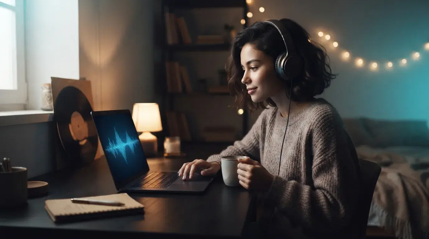 Person wearing headphones at a desk listening to relaxed lofi music with blue waveform display on screen