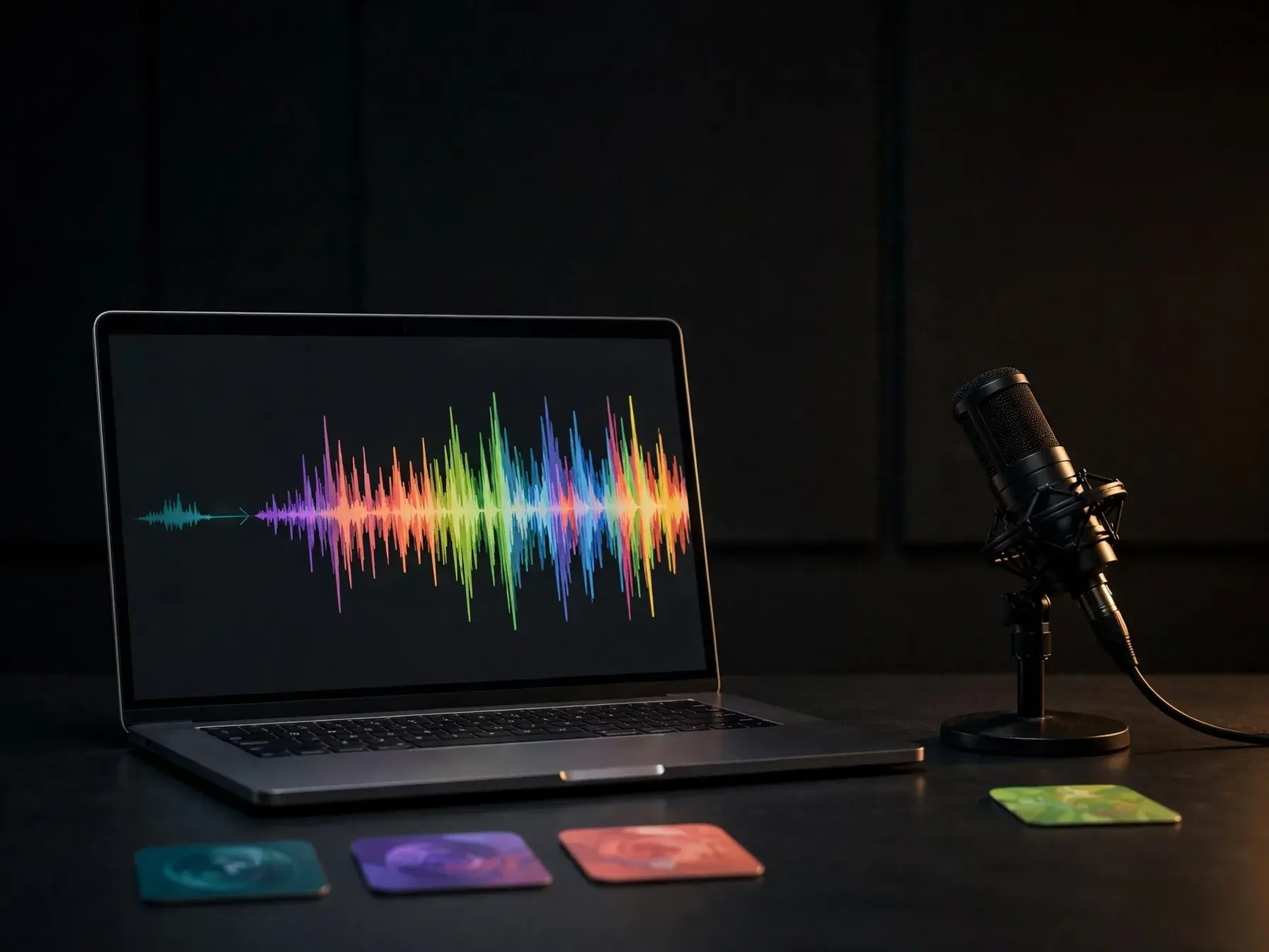 A laptop showing a short prompt turning into a full colorful song waveform, a condenser microphone beside it