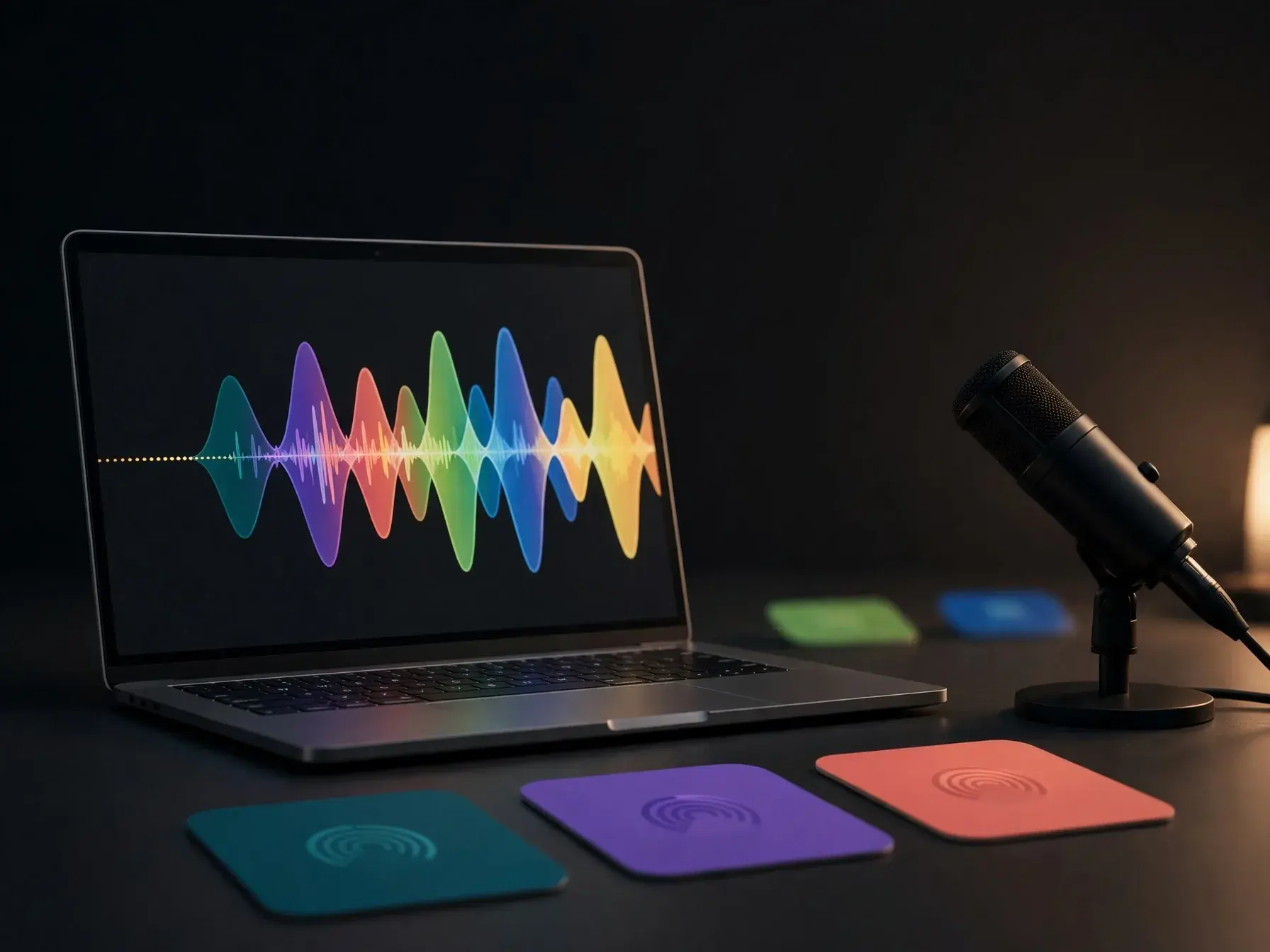 A laptop showing a short prompt turning into a full colorful song waveform, a condenser microphone beside it