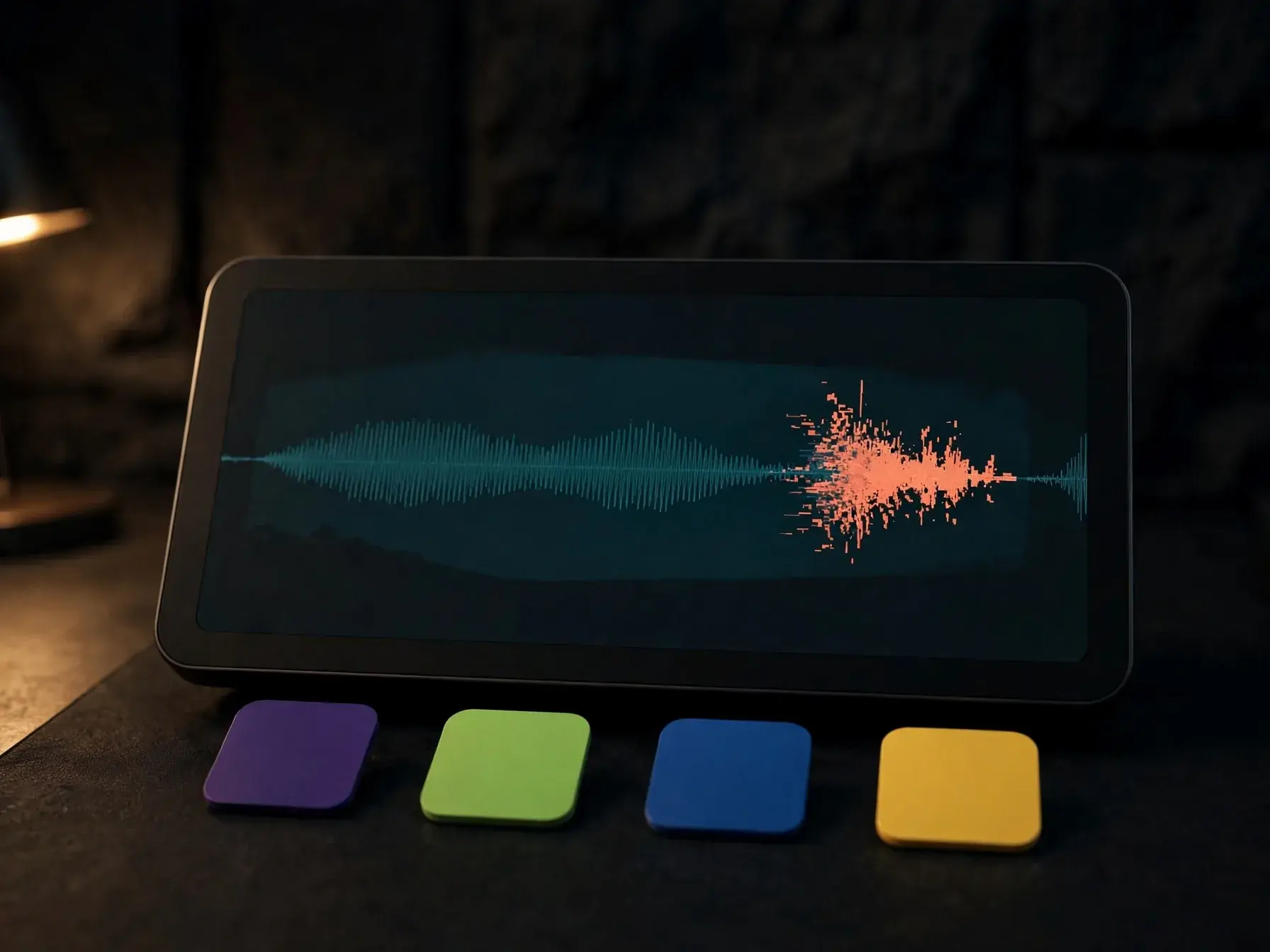 A waveform on a dark screen with one small rough glitchy patch highlighted in coral, the rest clean in teal
