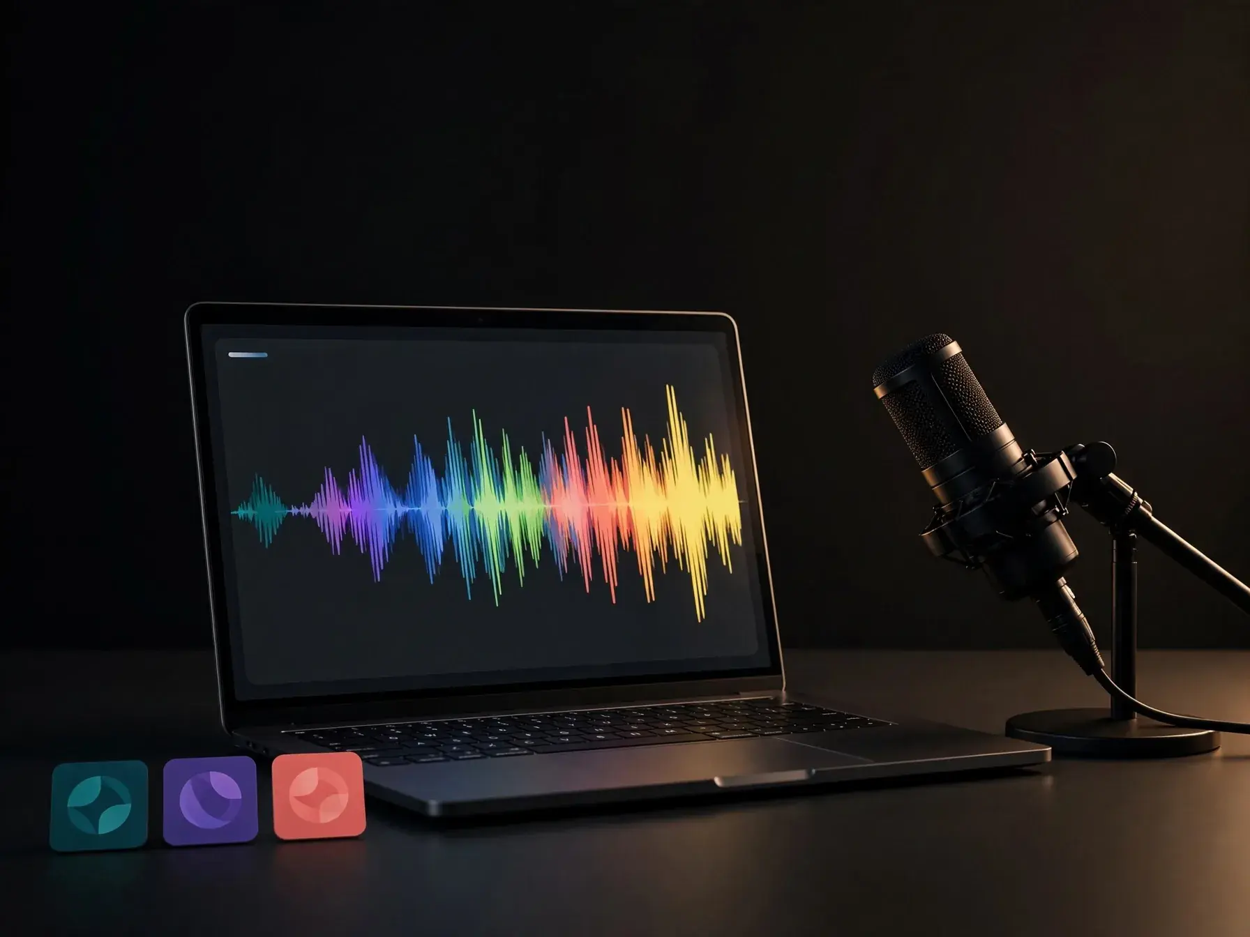 A laptop showing a short prompt turning into a full colorful song waveform, a condenser microphone beside it