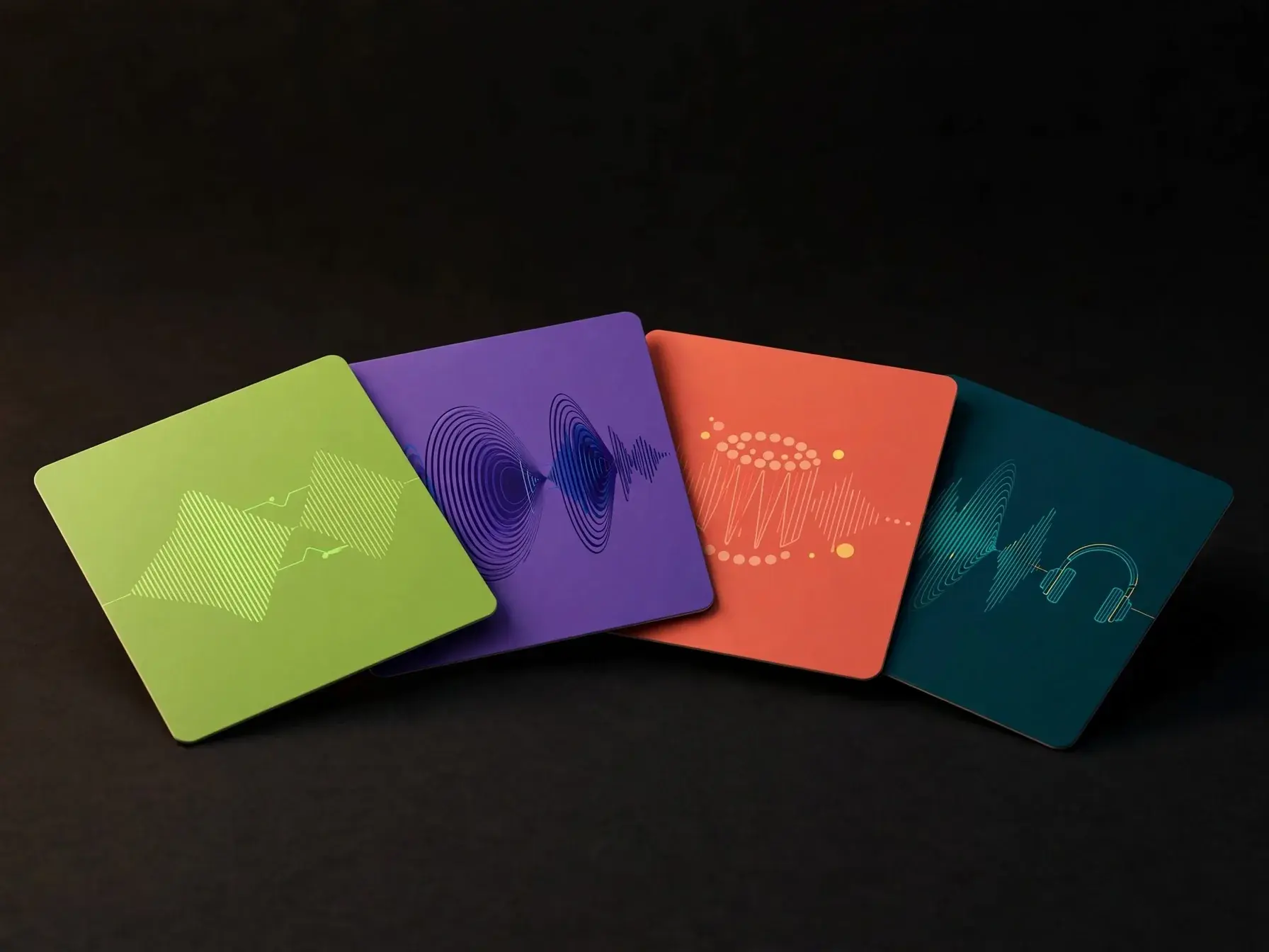 Four square album tiles fanned on a dark surface in lime, violet, coral and teal, each with a different music motif