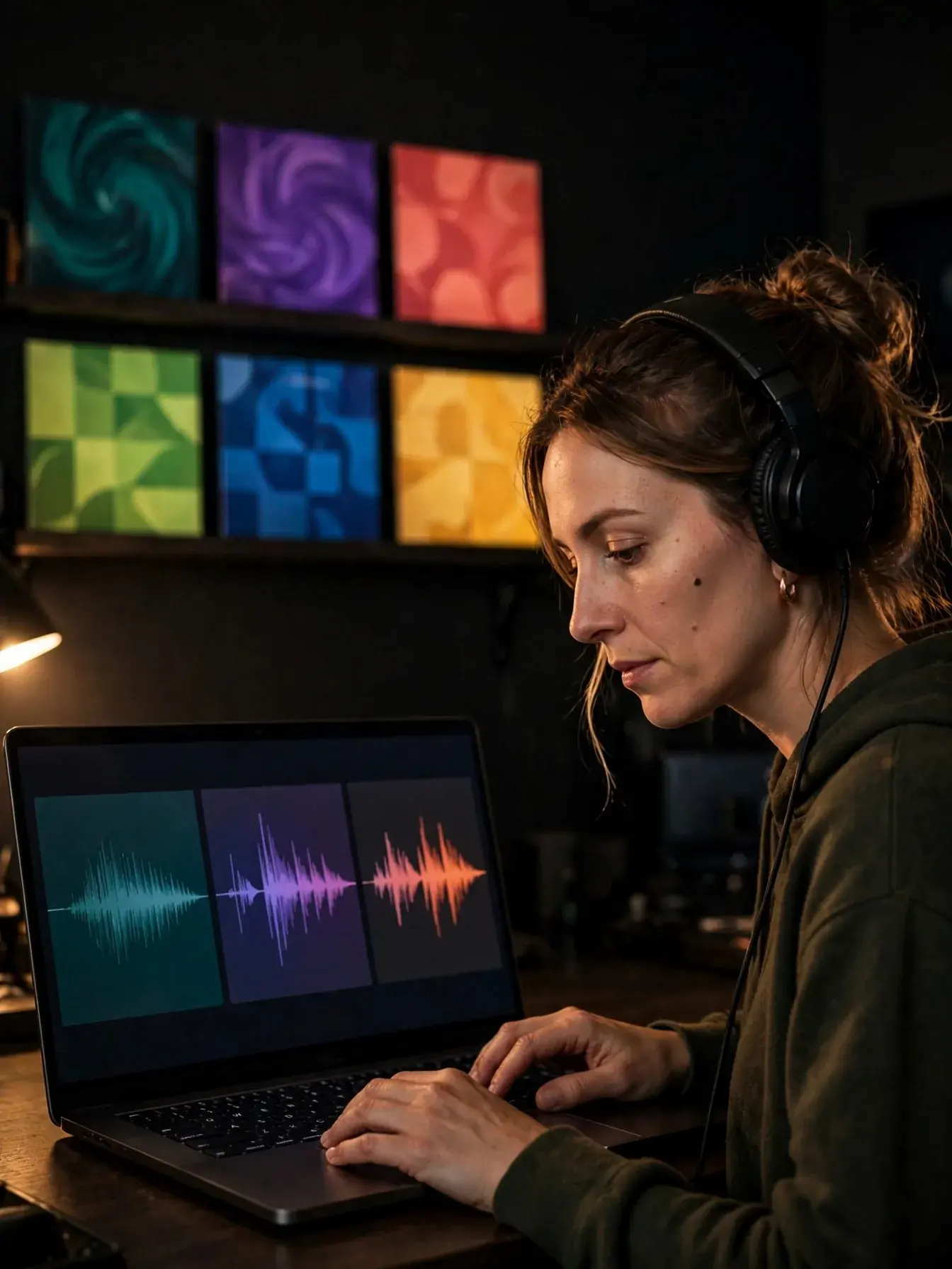 Pessoa sorrindo após criar uma música no laptop