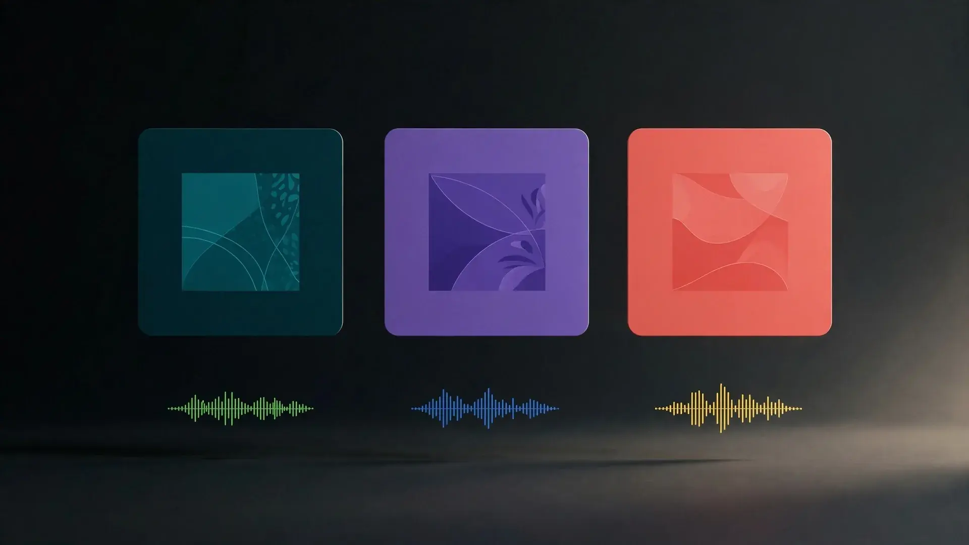 Three square album-cover tiles in teal, violet and coral above small waveforms on a dark surface
