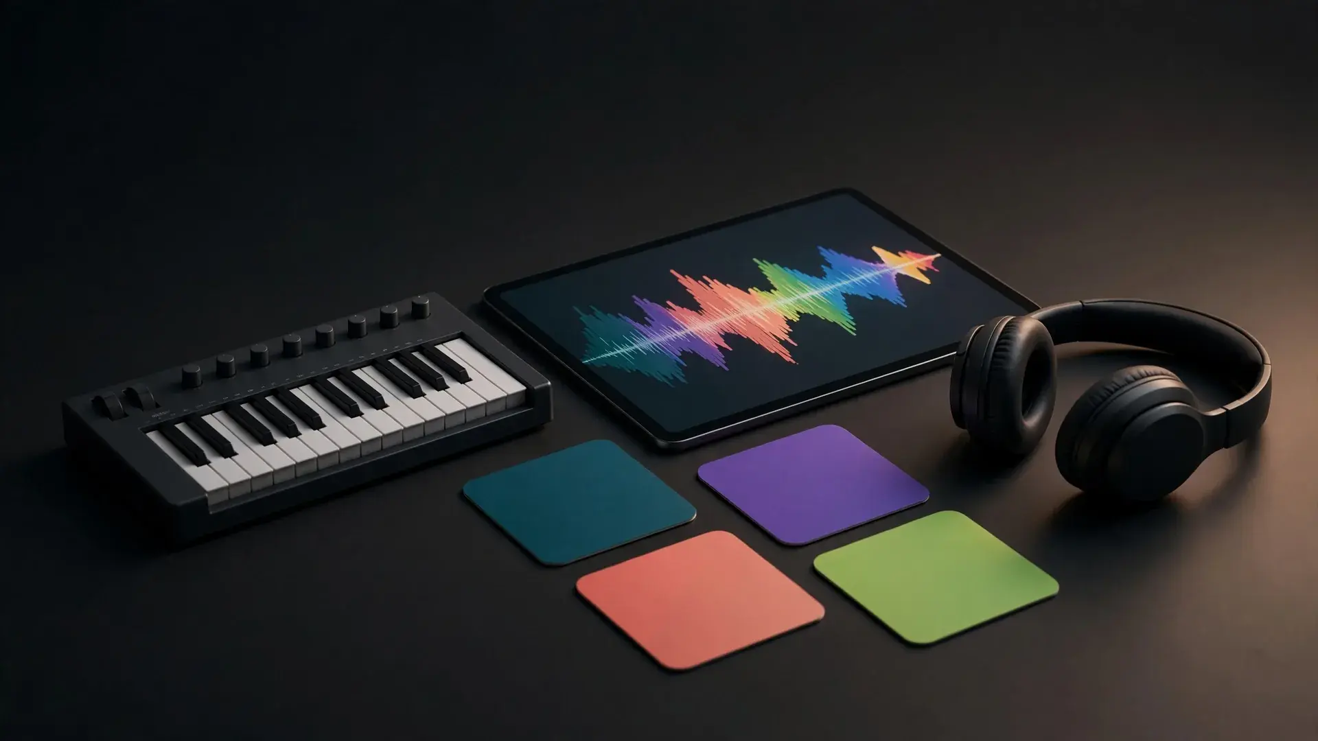 A compact MIDI keyboard, headphones and a tablet showing a clean colorful waveform