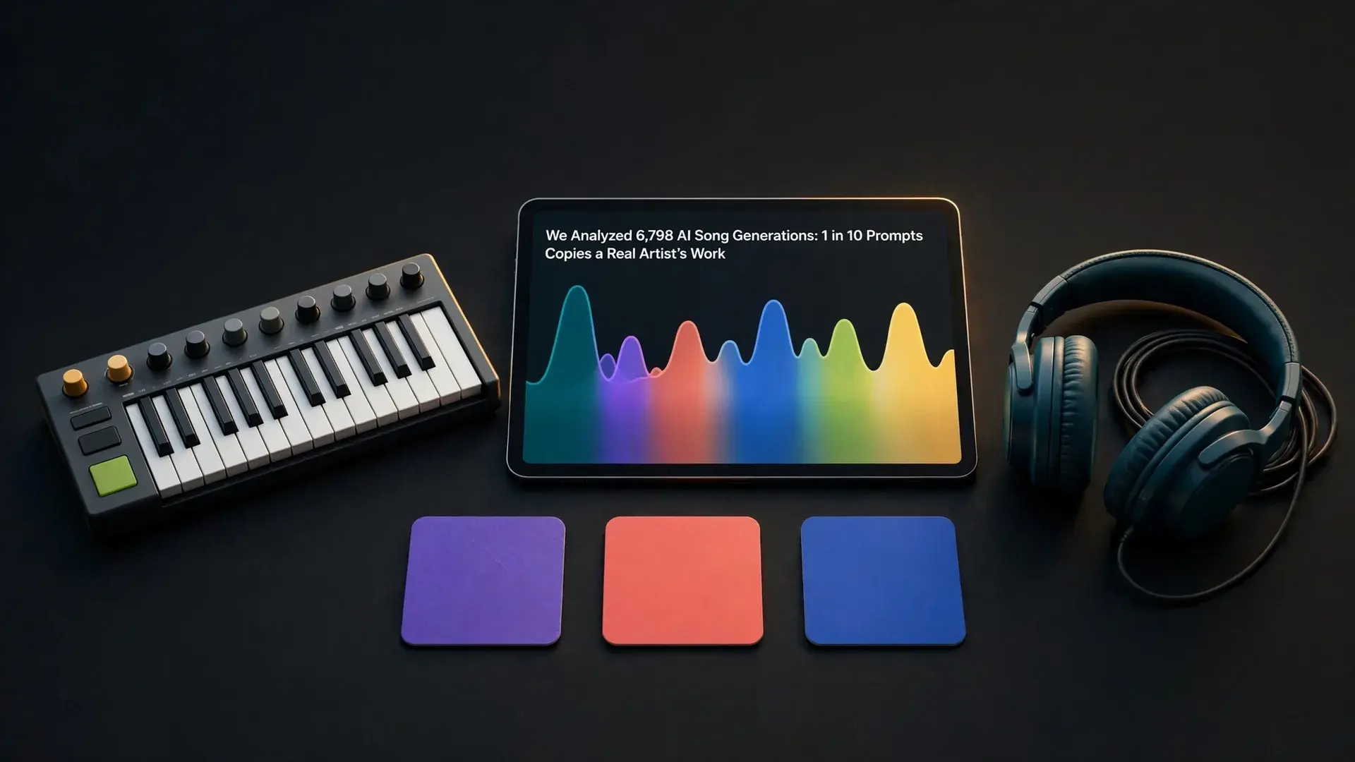 A compact MIDI keyboard, headphones and a tablet showing a clean colorful waveform