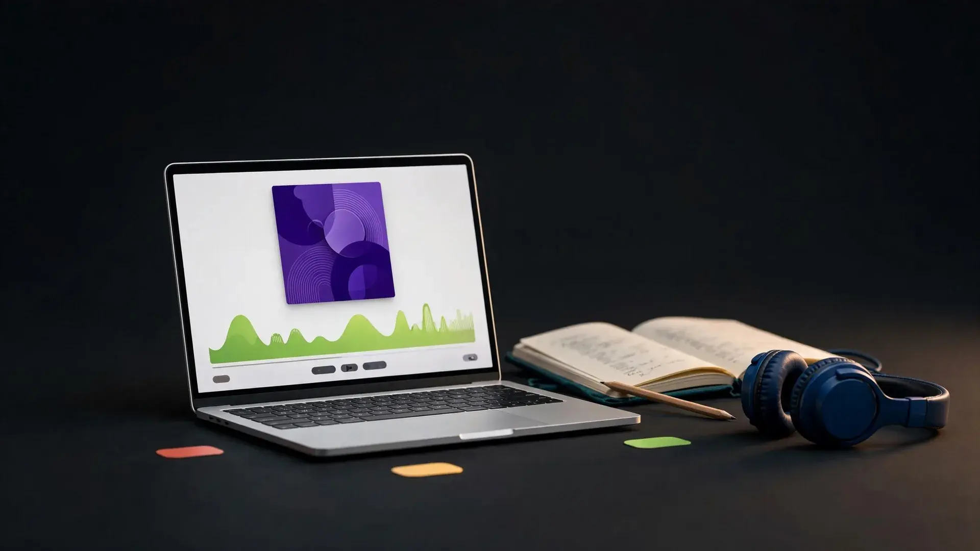 Laptop with a song app, a lyric notebook and headphones