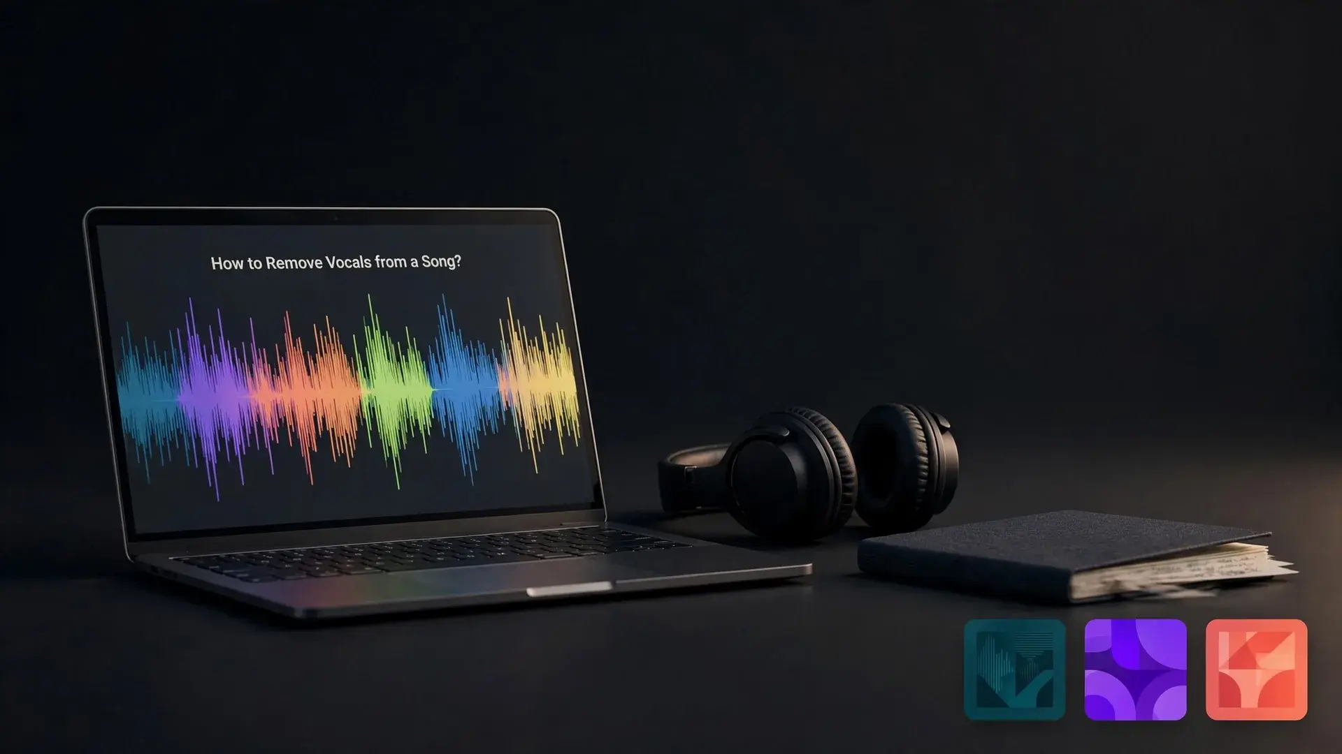 A laptop showing a long colorful song waveform next to closed-back headphones and a notebook with blurred lines