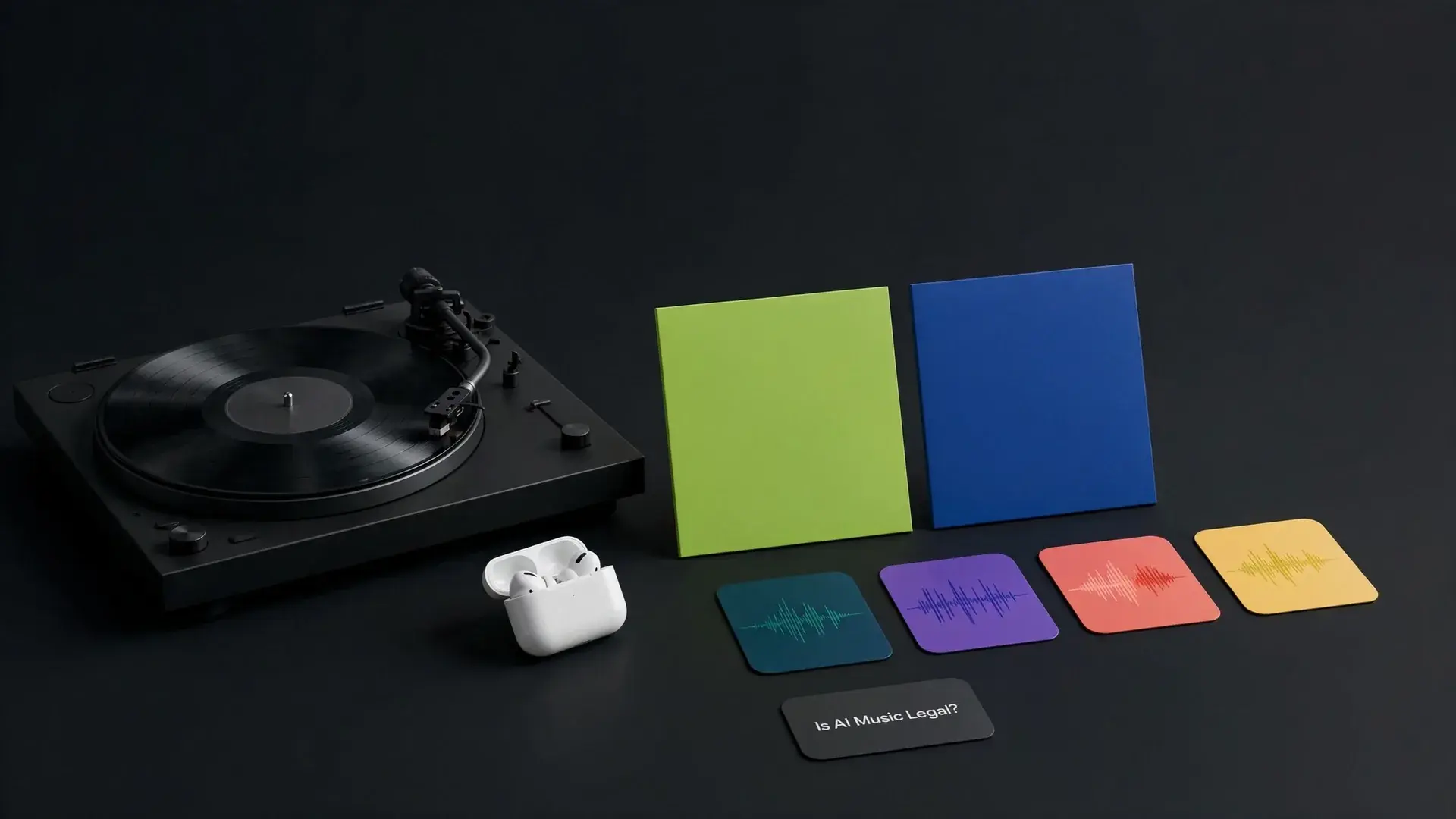 A turntable with a dark vinyl record next to wireless earbuds and two square album tiles in lime and cobalt