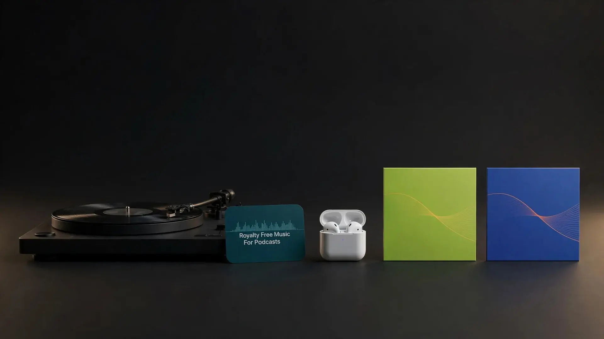 A turntable with a dark vinyl record next to wireless earbuds and two square album tiles in lime and cobalt