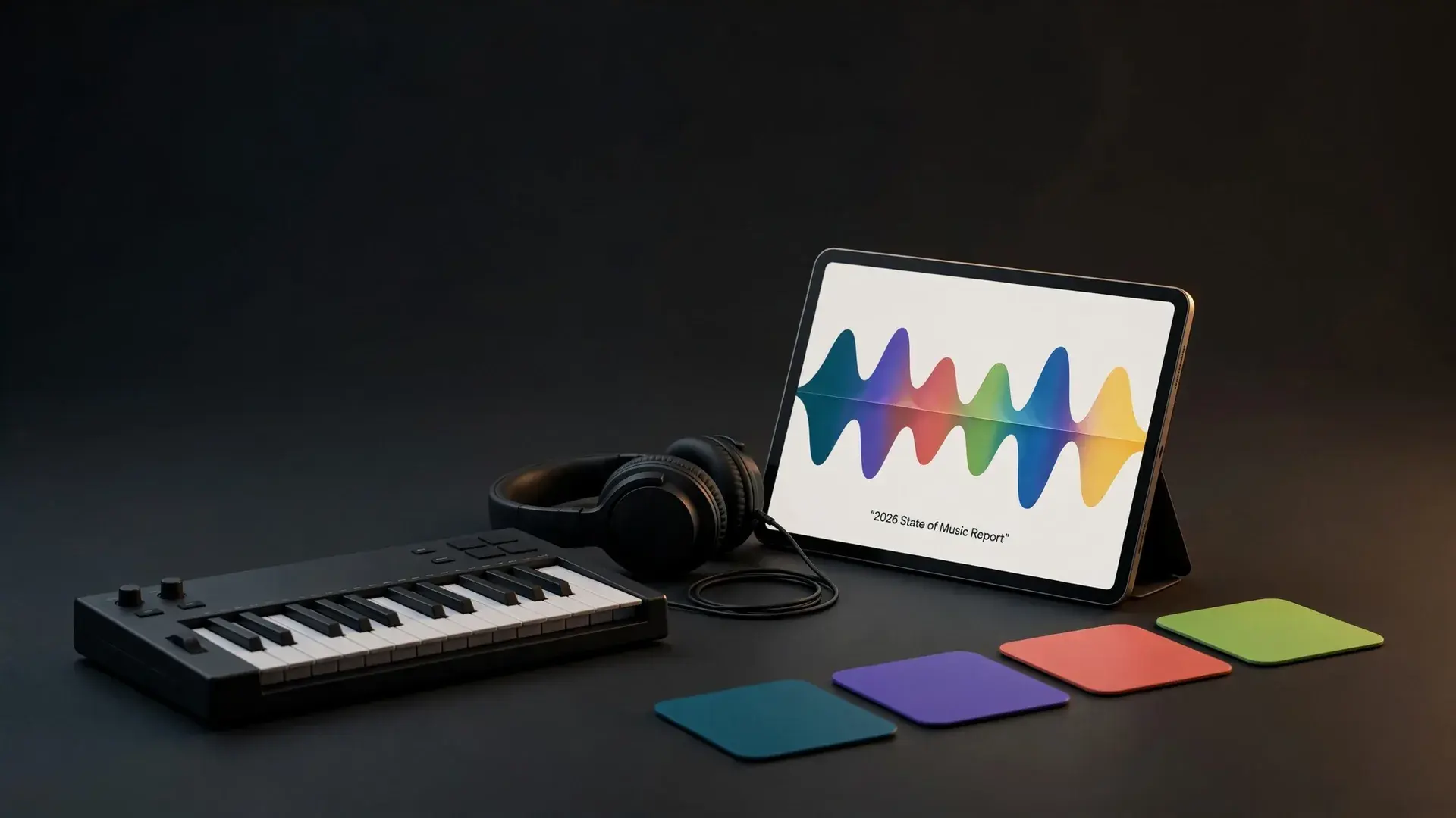 A compact MIDI keyboard, headphones and a tablet showing a clean colorful waveform