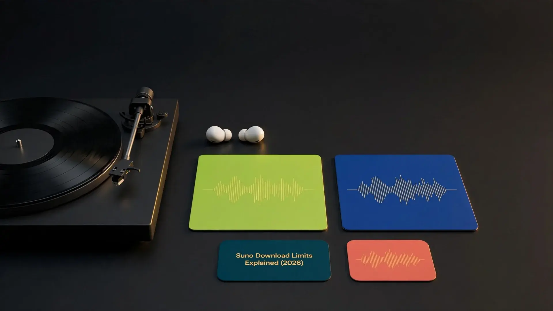 A turntable with a dark vinyl record next to wireless earbuds and two square album tiles in lime and cobalt