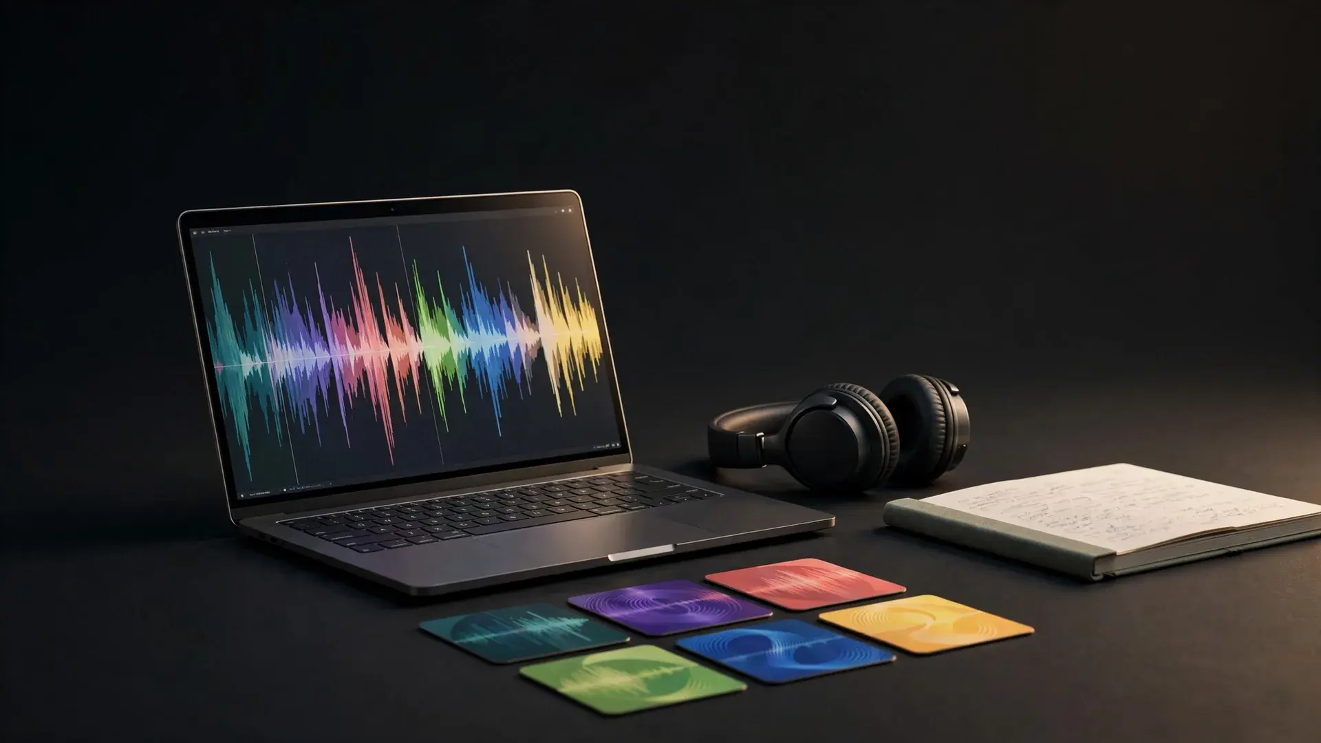 A laptop showing a long colorful song waveform next to closed-back headphones and a notebook with blurred lines