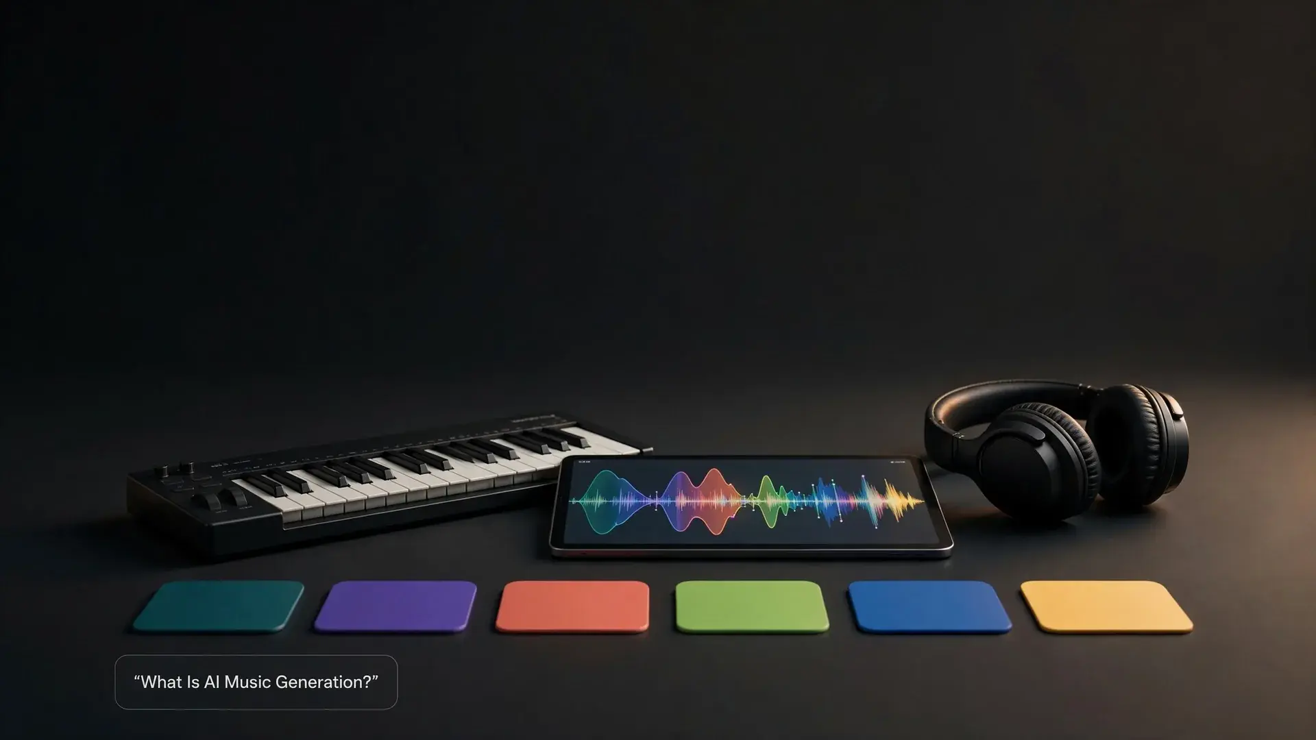 A compact MIDI keyboard, headphones and a tablet showing a clean colorful waveform